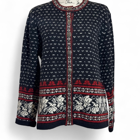 Cambridge Dry Goods Black and Red Cardigan‎ Sweater - Picture 1 of 8